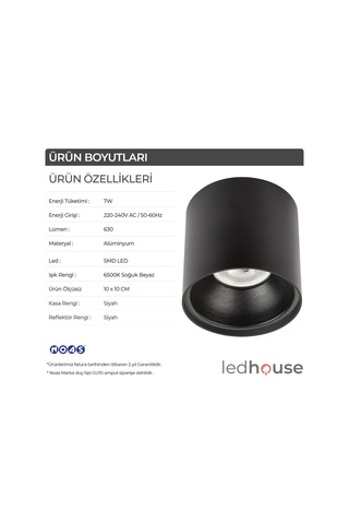 Spot Lamba Led 7W Silindir Siyah Duvar Aydınlatma Armatür