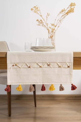 Rivaistanbul Ruffle Boncuk & Püsküllü %100 Pamuklu Ham Keten Runner 50x130 Cm Bej