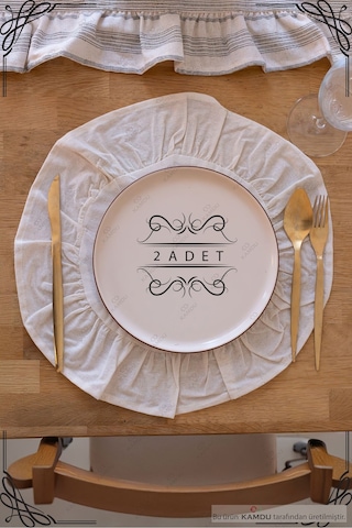 2 Adet - 40x40cm Daire Supla, Fırfırlı Amerikan Servisi, %100 Keten, Şık Tasarım Supla Bej