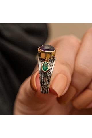 Blackcraft Gümüş Ametist Taşlı Zümrüt Otantik Ayarlanabilir Kadın Yüzük Bc-a62bb7 Renkli