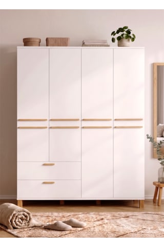 Robin Home Porto Ahşap Ayaklı 4 Kapaklı 2 Çekmeceli Raflı Bölmeli Gardırop Genç Odası Dolabı Elbise Dolabı Beyaz