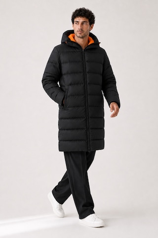 Maison Rae Erkek Uzun Puffer Mont - Parka, Rüzgar Ve Su Geçirmez,turuncu Astarlı, Kapüşonlu, Kışlık Mont Siyah