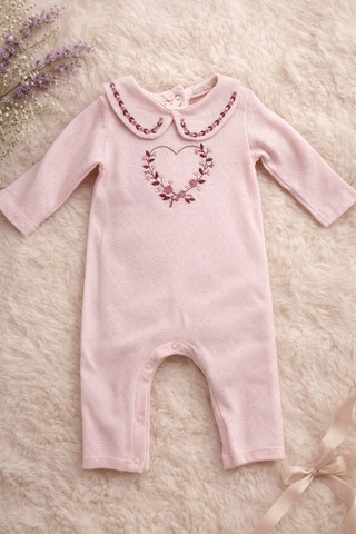 Uğur Bebe Pudra Pembe Kız Bebek Ajurlu Pamuk Tulum Nakışlı Yaka, Ultra Yumuşak, 0-3 Ay Pembe Pembe