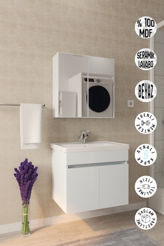 Tokyo 65 Cm Banyo Dolabı Takımı Aynalı Mdf Gövde Seramik Lavabolu