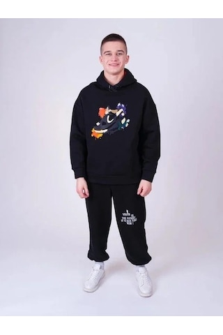 Erkek Çocuk Spor Ayakkabı Baskılı Kapüşonlu Sweatshirt-13543 Siyah