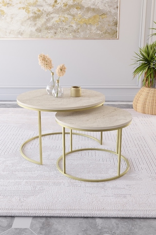 Milas Orta Sehpa 75-60 Cm Mat Gold Metal - Traverten Desen Tabla Gold Traverten