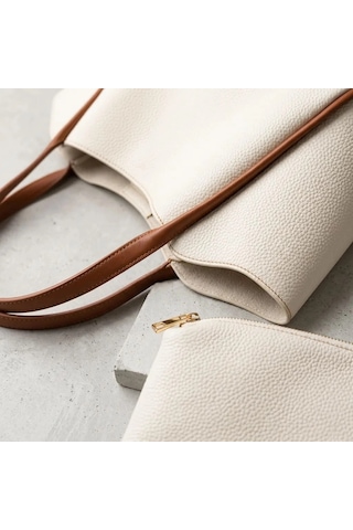 Zennamoda Kadın Krem Kahve Çift Renk Yumuşak Deri Omuz Çantası 30x25 Cm Ekstra Makyaj Çantalı Çok Renkli