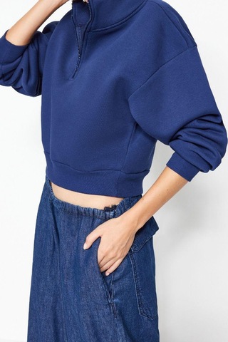 Ersefa Fitted Fermuarlı Yaka Crop Rahat Kesim Crop Basic Fermuarlı Kalın Lacivert