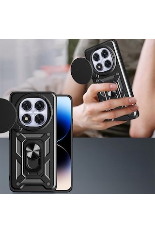 Xiaomi Redmi Note 14 Pro Plus Kılıf Magnetik Standlı Kamera Korumalı Zore Sürgülü Vega Kapak Mavi