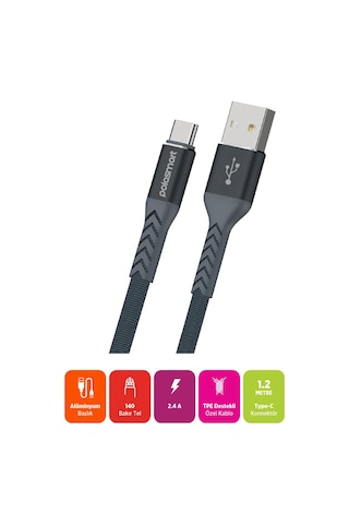Polosmart Psm116 Type-c Şarj Ve Data Kablosu 1.2 Metre Gri