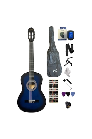 4/4 Tam Boy Mavi Klasik Gitar Akort Cihazı Kılıf Kapo Askı Pena Sticker Çevirici