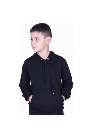 Fyk Kids Düz Kanguru Cepli Kapşonlu Sweatshirt Siyah