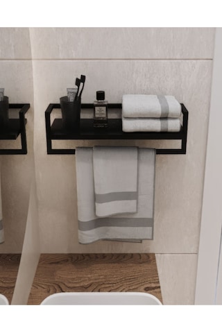 Aju Havluluk Siyah Duvara Monte Raf Aksesuarlık Şal Askılığı Banyo Mutfak Düzenleyici Çok Amaçlı Raf Siyah