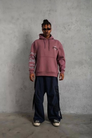 Trend Butikk Erkek Baskılı Kapüşonlu Ve Kordon İpli Sweat - Gül Kurusu Gül Kurusu