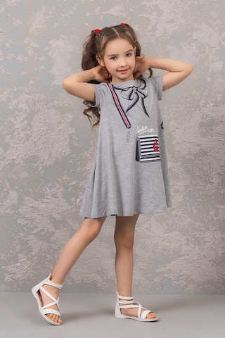Gri Penye Desenli Kız Çocuk Elbisesi Gri