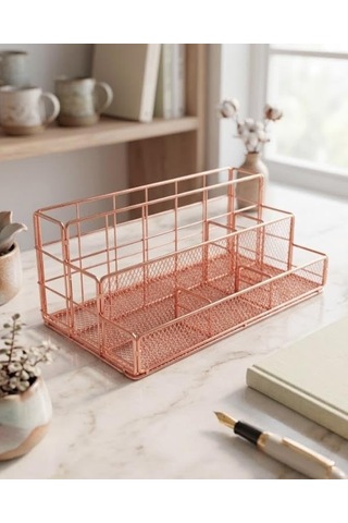 Rose Gold Metal Mesh Masaüstü Organizer Çok Bölmeli 27x14x11 Cm Genel