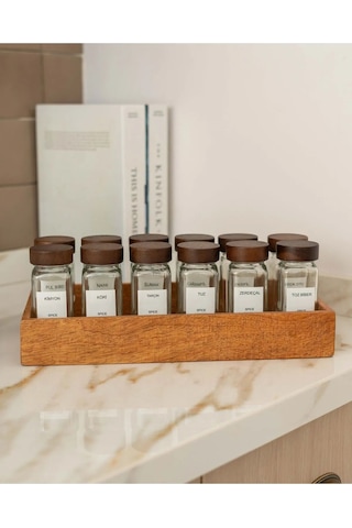 12'li Akasya Kapaklı Baharatlık Seti Cam 16 Adet Hediye Etiket ŞEffaf