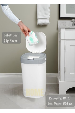 Bebek Bezi Kovası Kokusuz Kendinden Poşetli Kartuşlu Bebek Bezi Çöp Kovası 19 Lt. Beyaz