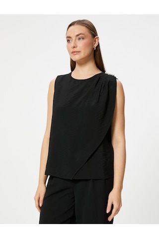 Koton Kolsuz Bluz İnci Detaylı Yuvarlak Yaka Viskon Kumaş Siyah 4sak60387uw Siyah