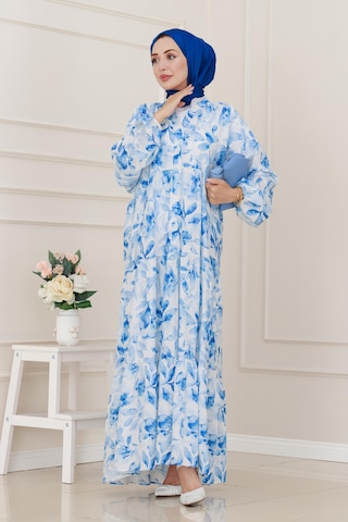 Sevitli Kuşaklı Çiçekli Lina Elbise-mavi-5260 Mavi