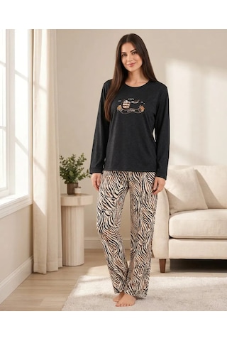 Kadın Kadife Siyah Desenli Alt Üst Pijama Takımı Siyah Kahve