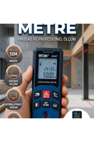 Profesyonel 50 Metre Lazer Mesafe Ölçer Dijital Ekranlı Hassas Ölçüm Cihazı