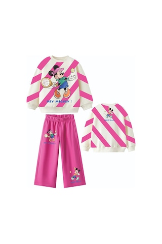 LolliboomkidsYeni Sezon Kız Çocuk Tenisçi Mickey Temalı 3 İplik Sweaat Bol Paça Eşofman Takımı Pembe