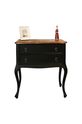 Roys Ahşap S3540 Siyah Üstü Ceviz Eskitme Çift Çekmeceli  Komodin