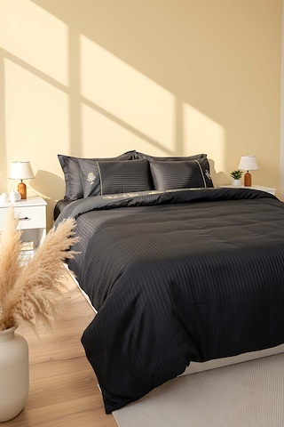 Brode Saten Koyu Antrasit Çift Kişilik %100 Pamuk Nevresim Takımı 6 Parça Çeyiz Seti Siyah