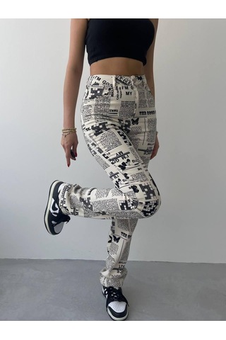 Gülsüm Aydın Novıne Gazete Desenli Pantolon Çok Renkli