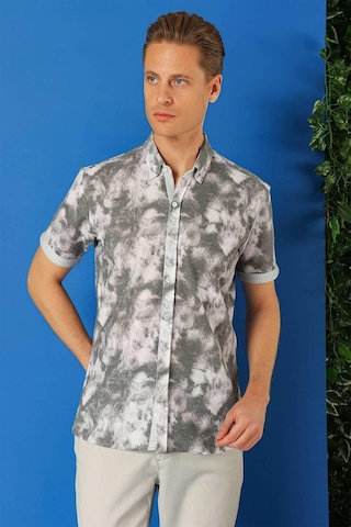 Efor Slim Fit Düğmeli Yaka Batik Desenli Kısa Kol Pamuk Gri Gömlek G 1502 Gri