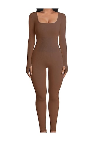 Danrimaoyi Kadın Avrupa Ve Amerika Sonbahar Ve Kış Yeni Varış Dişli Kare Yaka Slim Fit Tulum Kahverengi