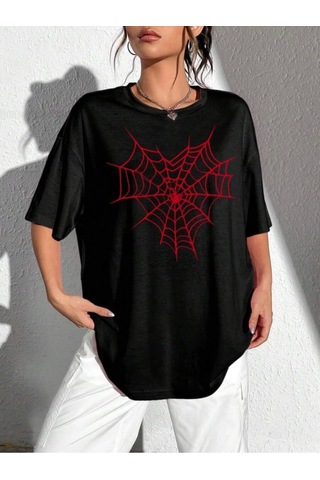 Wear Vexel Kadın Örümcek Ağ Baskılı T-shirt Kısa Kol Bisiklet Yaka Oversize Tişört - Siyah Siyah