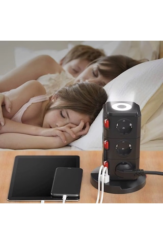 Kule Tipi 12 Li Çoklu Priz 3 Usb Hızlı Şarj Anahtarlı Akım Korumalı Masa Üstü Tower Priz 2 m
