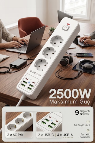 Akım Korumalı Priz 3'lü 4x Usb-a + 2x Usb-c 2 Metre Kablo 0 - 2 M