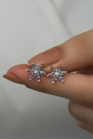 Nereze 925 Ayar Gümüş Aquamarin Taşlı Lotus Çiçeği Küpe