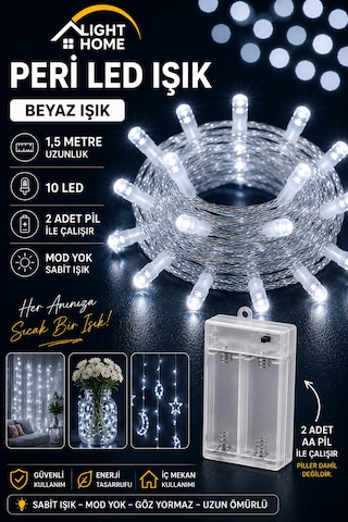 Kablolu Led Işık Zinciri Beyaz Dekoratif Led Aydınlatma Oda Duvar Yatak Odası Parti Yılbaşı Süsü 1,5 Metre 10 Led
