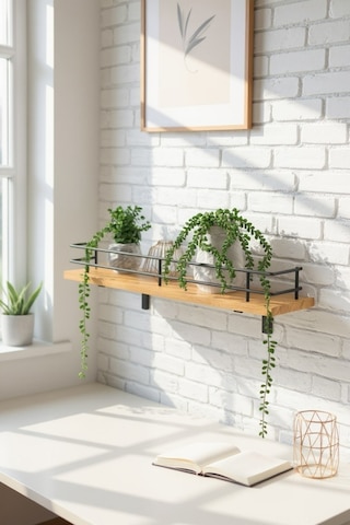 Modern Tasarımlı Metal Korkuluklu Ahşap Duvar Rafı Safir Meşe