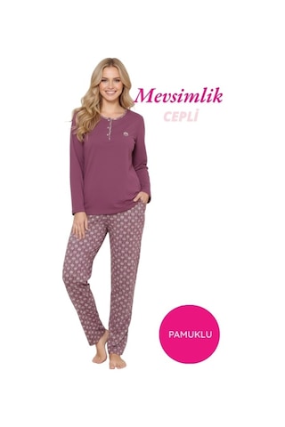 Alimer Etnik Desenli Kadın 3 Düğmeli Pamuk Likra Mevsimlik Uzun Kollu Pijama Takımı GÜL KURUSU