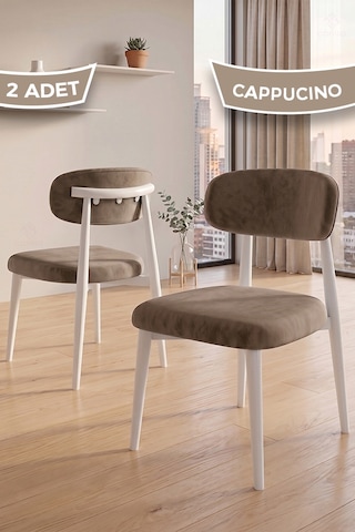 Nuvo Serisi 2 Adet Mutfak Sandalyesi Beyaz Metal İskeletli 1. Sınıf Babyface Kumaş Cappucino- Beyaz