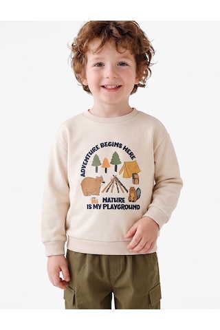 Koton Bisiklet Yaka Uzun Kollu Şardonlu Baskılı Sweatshirt Ekru 7wmb10028tk