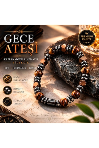 Gece Ateşi Bilekliği - Kaplan Gözü & Hematit Doğal Taş Bileklik Ateş