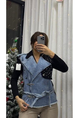Daves Taş Detaylı Belden Bağlamalı Kolsuz Denim Kumaş Kot Yelek Siyah-mavi Kot Çok Renkli
