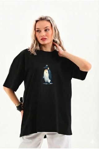 Primemagazam Kadın T-shirt Penguen Baskılı Bisiklet Yaka Kısa Kol Yazlık Tişört - Siyah Çeşitli
