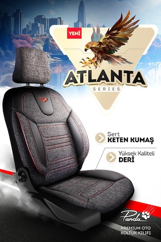 Siyah - Kırmızı Panda Atlanta Serisi Keten Kumaş Oto Koltuk Kılıfı - Tam Set