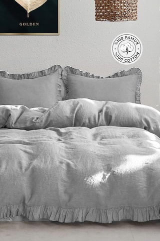 Evlen Home Pamuklu Taş Yıkama Fırfırlı Nevresim Takımı Çift Kişilik 4 Parça Barella Yumuşak Nevresim Seti Gri Gri
