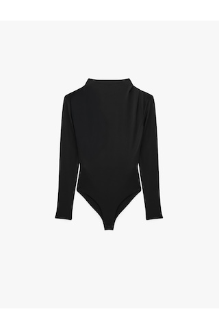 Koton Slim Fit Uzun Kollu Drape Detaylı Hafif Dik Yaka Bodysuit Siyah 7wak80008ek