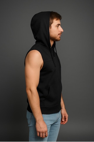 Axxel Erkek Siyah Fermuarlı Kapüşonlu Kanguru Cepli Kolsuz Yelek-y1142 Siyah