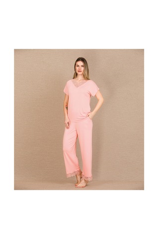 L'ombre Viskon Şık Tasarım Dantel İşlemeli Açık Pembe Kısa Kol Pijama Takımı
