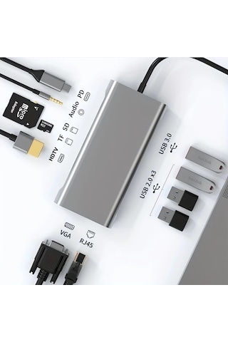Honeybeeshop H90 Usb C Hub 11li Adaptör 4k Hdtv Vga Type C Pd Rj45 Ethernet Sd Tf Kart Okuyucu 35mm Aux Macbook Pro Air Ve Type C Dizüstü Uyumlu